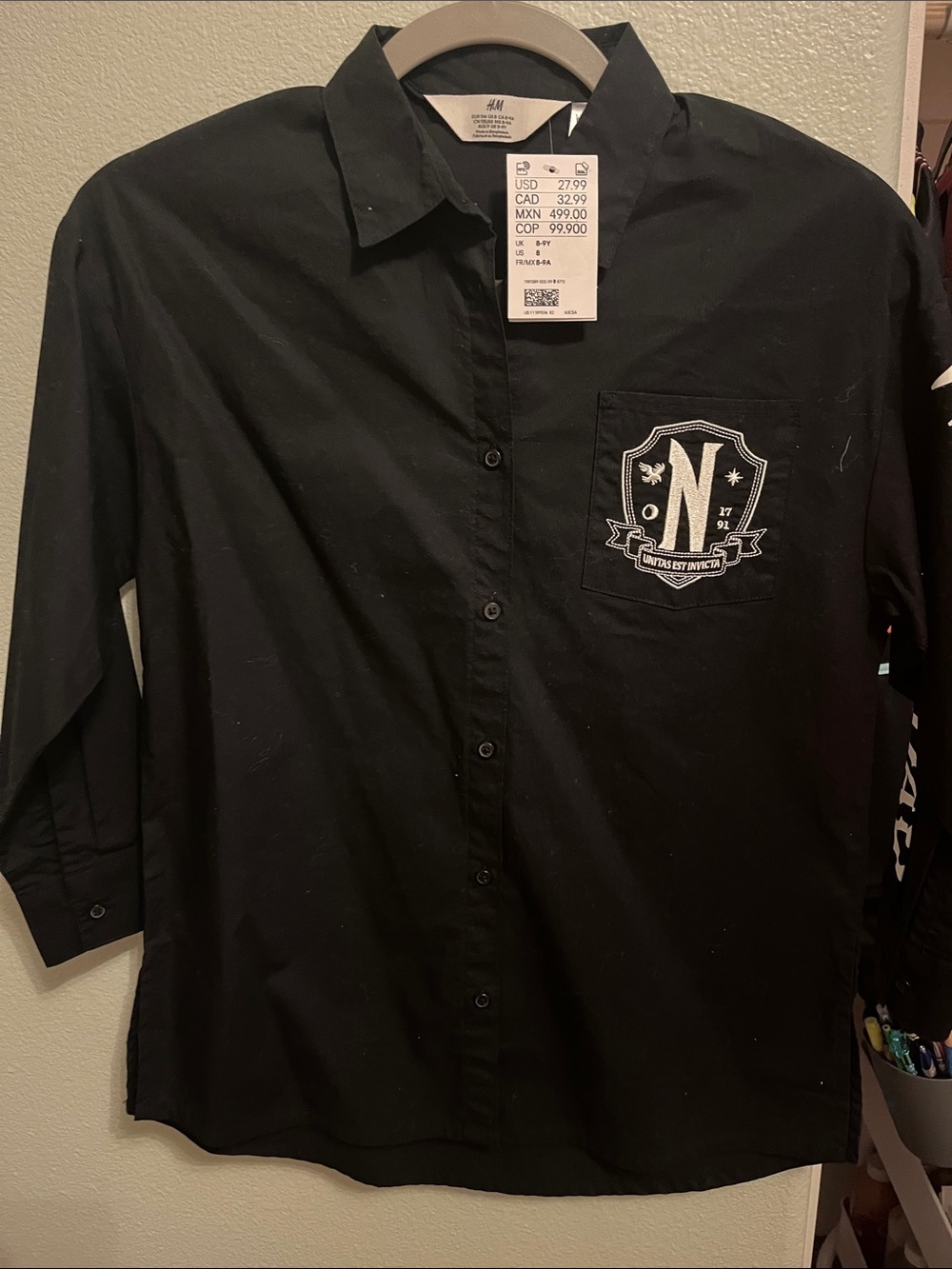 H&M Black Wednesday Button-Down Shirt with White Crest Patch